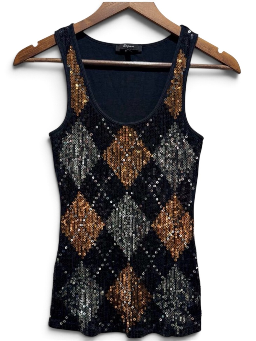 Vintage Y2K Express Sequin Argyle Tank Top Black Gold Silver S